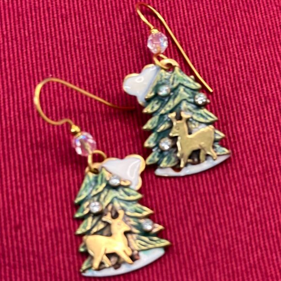 Christmas Earrings Green & White Enamel, Gold-Tone Reindeer w/Crystal Accents - Picture 9 of 10
